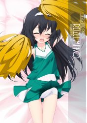 Rule 34 | 1girl, artist name, black hair, blush, character name, cheerleader, chestnut mouth, closed eyes, clothes lift, copyright name, cowboy shot, facing viewer, girls und panzer, green skirt, hair between eyes, hairband, highres, holding, holding pom poms, inaba shiki, layered clothes, long hair, looking at viewer, lying, one-piece swimsuit, open mouth, pleated skirt, pom pom (cheerleading), pom poms, reizei mako, school uniform, shirt, skirt, skirt lift, sleeveless, sleeveless shirt, solo, swimsuit, swimsuit under clothes, teeth, white hairband, white one-piece swimsuit