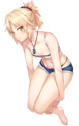 Rule 34 | 1girl, absurdres, bad id, bad twitter id, bandeau, barefoot, black panties, blonde hair, bra, braid, breasts, commentary request, cutoffs, denim, denim shorts, fate/grand order, fate (series), feet, french braid, full body, green eyes, hair ornament, hair scrunchie, highleg, highleg panties, highres, jewelry, micro shorts, mordred (fate), mordred (fate/apocrypha), mordred (memories at trifas) (fate), navel, panties, parted lips, pendant, ponytail, scrunchie, short shorts, shorts, small breasts, solo, stomach, suigetsu (hjs1106), thighs, underwear, white background