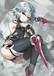 Rule 34 | 1girl, akae neo, bandaged arm, bandages, black panties, boots, dual wielding, fate/apocrypha, fate/grand order, fate (series), fingerless gloves, gloves, green eyes, highres, holding, holding knife, jack the ripper (fate/apocrypha), knife, looking at viewer, panties, scar, scar across eye, scar on face, short hair, shoulder tattoo, silver hair, solo, tattoo, thigh boots, thighhighs, underwear, weapon