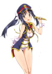 Rule 34 | 1girl, aiguillette, alternate costume, aohashi ame, arm behind back, black hair, black jacket, breasts, brown eyes, cleavage, commentary, cowboy shot, epaulettes, flying sweatdrops, frown, hair ribbon, hat, hattori shizuka, highres, holding, holding microphone, jacket, leaning forward, long hair, looking at viewer, medium breasts, microphone, one-piece swimsuit, open mouth, peaked cap, ponytail, ribbon, school swimsuit, sidelocks, simple background, sleeveless, sleeveless jacket, solo, standing, strike witches, swimsuit, thighs, white background, white one-piece swimsuit, white ribbon, white school swimsuit, world witches series, wrist cuffs