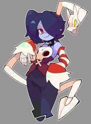Rule 34 | 1girl, bacun, bare shoulders, blue hair, blue skin, colored skin, commentary, detached sleeves, dress, english commentary, highres, leviathan (skullgirls), looking at viewer, object through head, red eyes, side ponytail, simple background, skeletal arm, skull, skullgirls, sleeves past wrists, smile, squigly (skullgirls), stitched mouth, stitches, striped sleeves, zombie