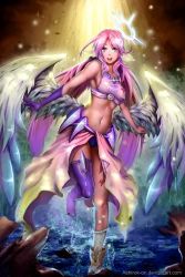 Rule 34 | 1girl, :d, angel wings, ashirok-on, asymmetrical legwear, breasts, commentary, spiked halo, covered erect nipples, cross, english commentary, feathered wings, gloves, gradient hair, halo, happy, highres, jibril (no game no life), long hair, looking at viewer, low wings, magic circle, medium breasts, midriff, mismatched legwear, multicolored hair, navel, no game no life, open mouth, pink hair, shoes, single glove, single shoe, smile, solo, symbol-shaped pupils, tattoo, very long hair, watermark, web address, white wings, wing ears, wings, yellow eyes