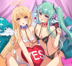 Rule 34 | 2girls, absurdres, ahoge, alternate hairstyle, angel wings, artist name, black panties, blonde hair, blue collar, blush, bra, bra pull, c turtle, clothes pull, collar, collarbone, commentary, curtains, cushion, demon horns, demon wings, excited, finana ryugu, fins, fish girl, flower, flying sweatdrops, food, fruit, green eyes, green hair, groin, hair flower, hair ornament, hairband, halo, head fins, heart, heart-shaped pupils, highres, horns, leash, lingerie, long hair, looking at viewer, midriff, monster girl, multiple girls, nervous, nijisanji, nijisanji en, nipple cutout, open mouth, panties, panty lift, pointy ears, pomu rainpuff, purple curtains, purple eyes, purple flower, red collar, red eyes, sweat, symbol-shaped pupils, tagme, tongue, tongue out, twintails, underwear, very long hair, virtual youtuber, wavy hair, white panties, wings