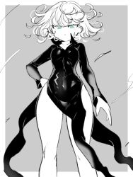 Rule 34 | 1girl, a (poipiku 325815), bare legs, black dress, border, breasts, collared dress, commentary request, dress, green eyes, grey background, hand on own hip, long sleeves, looking at viewer, medium breasts, one-punch man, short hair, side slit, solo, spot color, standing, tatsumaki, thighs, tight clothes, white border