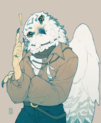 Rule 34 | !, 1boy, artist name, belt, bird boy, bird wings, black eyes, black pants, black scarf, brown jacket, colored sclera, commentary, cowboy shot, english commentary, feathered wings, feathers, furry, furry male, grey background, hand on own arm, hand up, head tilt, index finger raised, jacket, long sleeves, looking at viewer, male focus, o-ring, o-ring belt, original, owl boy, pants, scarf, shuini xiaomao, signature, simple background, solo, standing, talons, white feathers, white wings, wings, yellow sclera