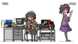 Rule 34 | 2girls, barefoot, black hair, brown hair, brown hat, brown jacket, cabbie hat, camera, cellphone, chair, checkered clothes, computer, desk, flat cap, hat, highres, himekaidou hatate, jacket, kasuya baian, long sleeves, multiple girls, necktie, no wings, pantyhose, phone, pleated skirt, record, record jacket, red eyes, red necktie, shameimaru aya, shameimaru aya (newsboy), shirt, short hair, skirt, smartphone, speaker, suit jacket, table, television, tokin hat, touhou, twintails, white shirt