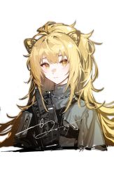 Rule 34 | 1girl, absurdres, animal ears, arknights, blonde hair, cropped torso, eyebrows hidden by hair, grey shirt, highres, jewelry, lion ears, long hair, looking at viewer, luan teng, necklace, official alternate costume, parted lips, ponytail, shirt, siege (arknights), siege (city destroyer) (arknights), signature, smile, solo, upper body, very long hair, yellow eyes