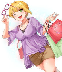 Rule 34 | 1girl, ;d, absurdres, bag, blonde hair, blush, bracelet, breasts, brown shorts, cleavage, collarbone, dutch angle, unworn eyewear, floral print, glasses, gradient background, green eyes, handbag, heart, heart necklace, highres, holding, holding removed eyewear, idolmaster, idolmaster cinderella girls, jewelry, large breasts, miyamoto frederica, necklace, one eye closed, open mouth, pink bag, red-framed eyewear, short hair, short shorts, shorts, simple background, sirurabbit, smile, solo, white background, wink