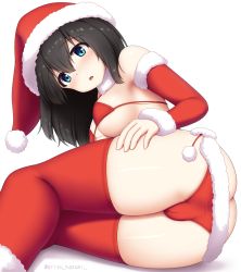 Rule 34 | 1girl, arisu kazumi, ass, bikini, black hair, blue eyes, blush, breasts, butt crack, cameltoe, christmas, commentary request, detached sleeves, from behind, fur-trimmed bikini, fur-trimmed headwear, fur trim, hair between eyes, hat, idolmaster, idolmaster cinderella girls, long hair, looking at viewer, looking back, lowleg, lowleg bikini, lying, medium breasts, on side, red bikini, red thighhighs, sagisawa fumika, santa costume, santa hat, shiny skin, simple background, solo, swimsuit, thighhighs, white background