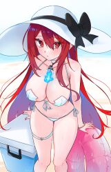 1girl :o beach bikini blue_fire blush breasts cleavage colored_inner_hair elizabeth_rose_bloodflame fire hat highres hololive hololive_english large_breasts long_hair looking_at_viewer magui3 multicolored_hair nail_polish navel open_mouth red_eyes red_hair solo string_bikini swimsuit very_long_hair virtual_youtuber white_bikini