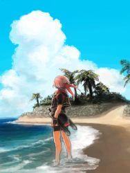 Rule 34 | 1boy, beach, black gloves, black shorts, black vest, blue sky, bodystocking, cloud, facing away, fingerless gloves, from behind, from side, gensou suikoden, gensou suikoden iv, gloves, headband, lazlo (gensou suikoden), male focus, maru-pan, nature, ocean, palm tree, red hair, red scarf, retaining wall, road, scarf, short hair, short sleeves, shorts, sky, solo, standing, tree, vest, wading