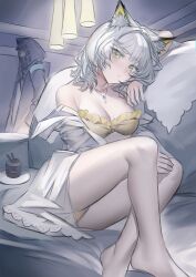 1girl 1other animal_ear_fluff arknights arm_up bare_legs bare_shoulders barefoot black_coat bra breasts cat cat_girl ceiling_light cleavage coat couch doctor_(arknights) green_eyes grey_hair grscubes highres hood hood_up hooded_coat jewelry kal&#039;tsit_(arknights) large_breasts looking_at_viewer mask necklace on_couch open_clothes open_shirt panties shirt short_hair sitting solo_focus underwear white_shirt yellow_bra yellow_panties