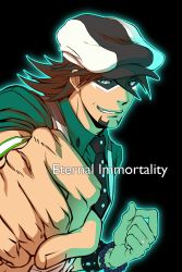 Rule 34 | 10s, 1boy, blue eyes, bracelet, brown hair, cabbie hat, clenched hand, clenched hands, domino mask, english text, facial hair, foreshortening, glowing, glowing eyes, hat, jewelry, kaburagi t. kotetsu, male focus, mask, necktie, punching, ring, short hair, smirk, solo, stubble, tiger &amp; bunny, vest, waistcoat, wakuni, watch, wristwatch