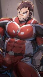 Rule 34 | 1boy, akashi (live a hero), bara, bodysuit, brown hair, bulge, covered abs, covered navel, facial hair, feet out of frame, goatee, highres, large bulge, large pectorals, live a hero, long sideburns, male focus, muscular, muscular male, orange (agnimon11803164), pectorals, red bodysuit, red eyes, scar, scar on face, scar on nose, short hair, sideburns, solo, thick eyebrows, thick thighs, thighs