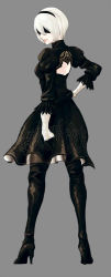 Rule 34 | 1girl, back cutout, blindfold, boots, clothing cutout, dress, from behind, full body, hairband, hand on own hip, high heel boots, high heels, md5 mismatch, mole, mole under mouth, nier (series), nier:automata, puffy sleeves, short hair, simple background, solo, thigh boots, thighhighs, tomioka aru, white hair, 2b (nier:automata)