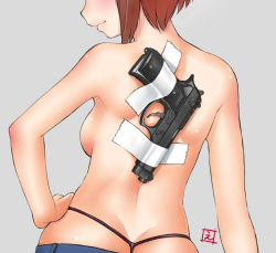 Rule 34 | 1girl, ass, beretta 92, blush, breasts, brown hair, closed mouth, contrapposto, duct tape, duplicate, ebifly, from behind, grey background, gun, hand on own hip, handgun, head out of frame, medium breasts, original, panties, pink panties, profile, short hair, simple background, smile, solo, standing, thong, topless, underwear, weapon