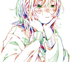 Rule 34 | 1girl, closed mouth, colorful, commentary request, crying, crying with eyes open, hatching (texture), head rest, highres, long bangs, long sleeves, medium hair, original, pen (medium), school uniform, serafuku, signature, simple background, solo, tears, traditional media, upper body, watanabe tomari, white background