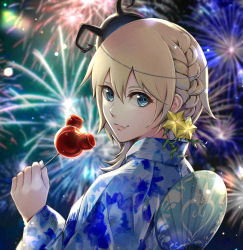 Rule 34 | 1girl, blonde hair, blue eyes, candy apple, closed mouth, deco (fj eel), fireworks, food, hand fan, heart, highres, japanese clothes, kimono, kingdom hearts, kingdom hearts ii, long hair, looking at viewer, mask, mask on head, namine, smile, solo, star (symbol), summer festival, yukata