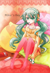 Rule 34 | 1girl, 39, ahoge, character name, digital media player, food, green eyes, green hair, hair ornament, hairclip, hatsune miku, headphones, highres, ipod, long hair, looking at viewer, matching hair/eyes, mouth hold, pantyhose, pina710, pink pantyhose, pocky, solo, twintails, very long hair, vocaloid