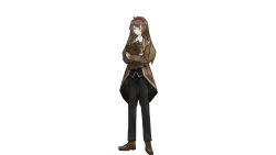 Rule 34 | 1girl, book, bow, brown footwear, brown hair, buttons, coat, crossed arms, hair ornament, highres, holding, holding book, library of ruina, looking to the side, malkuth (project moon), official art, open clothes, open coat, project moon, shirt, simple background, smile, solo