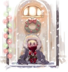 Rule 34 | 1boy, aged down, artist name, bad id, bad twitter id, blush, bow, child, christmas lights, coat, covered mouth, doorway, gloves, male focus, monster boy, oversized clothes, papyrus (undertale), red gloves, red scarf, scarf, sitting, skeleton, snow, solo, tbhoudai, undertale, winter clothes, winter coat, wreath, | |