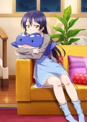 Rule 34 | 1girl, aqua shirt, aqua skirt, artist name, artist request, bare legs, blue hair, blush, breasts, buttons, female focus, full body, grey sweater, hair between eyes, holding, holding stuffed animal, indoors, long hair, looking at viewer, love live!, love live! school idol festival, love live! school idol project, parted lips, shirt, sitting, skirt, smile, socks, solo, sonoda umi, stuffed animal, stuffed toy, stuffed whale, sweater, yellow eyes