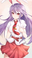 Rule 34 | 1girl, animal ears, belt, breasts, carrot, carrot pin, closed mouth, collared shirt, cowboy shot, highres, large breasts, long hair, looking at viewer, necktie, orchid (orukido), purple hair, rabbit ears, red eyes, red necktie, red skirt, reisen udongein inaba, shirt, short sleeves, simple background, skirt, solo, standing, touhou, white background, white shirt