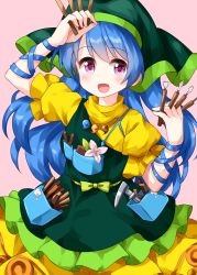 Rule 34 | 1girl, apron, arm ribbon, arm up, between fingers, blue hair, chisel, cowboy shot, dress, green apron, haniyasushin keiki, head scarf, highres, holding, jewelry, long hair, magatama, magatama necklace, necklace, open mouth, pink background, pink eyes, pocket, ribbon, ruu (tksymkw), simple background, single strap, solo, tools, touhou, wood carving tool, yellow dress