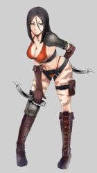 Rule 34 | 1girl, bad id, bad pixiv id, belt, bikini, black hair, blue eyes, boots, breasts, brown footwear, camouflage, cleavage, combat knife, cross-laced footwear, full body, gloves, highres, holster, knee boots, knife, lace-up boots, leaning forward, looking at viewer, red bikini, sakae91, school girl strikers, shiranui hazuki, smile, solo, strap gap, swimsuit, thigh holster, weapon