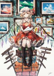 Rule 34 | 1girl, absurdres, ascot, black socks, blonde hair, closed mouth, collared shirt, crystal, drawing (object), flandre scarlet, frilled shirt collar, frilled skirt, frills, hat, highres, kneehighs, long hair, looking at viewer, mob cap, paper airplane, red eyes, red skirt, red vest, shirt, short sleeves, side ponytail, signature, sitting, skirt, smile, socks, solo, suitcase, tonan (l0l0l0l0l0l), touhou, vest, white hat, white shirt, wings, yellow ascot