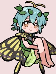 Rule 34 | 1girl, antennae, aqua hair, barefoot, butterfly wings, closed mouth, dress, eternity larva, fairy, full body, green dress, hair between eyes, insect wings, leaf, leaf on head, multicolored clothes, multicolored dress, sasa kichi, short hair, short sleeves, smile, solo, touhou, wings, yellow eyes