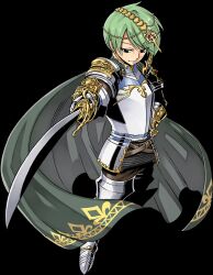 Rule 34 | 1boy, armor, boots, breastplate, cape, full body, gate of nightmares, gauntlets, green cape, green hair, hair ornament, highres, holding, holding sword, holding weapon, looking at viewer, male focus, mashima hiro, official art, short hair, sigma (gate of nightmares), solo, sword, transparent background, weapon