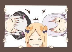 Rule 34 | +++, 10s, 3girls, ^ ^, abigail williams (fate), beret, black bow, black hat, blonde hair, blush, bow, closed eyes, commentary request, facial scar, facing viewer, fate/extra, fate/grand order, fate (series), forehead, grin, hair between eyes, hair bow, hat, highres, jack the ripper (fate/apocrypha), long hair, mitchi, multiple girls, nursery rhyme (fate), orange bow, parted bangs, purple bow, scar, scar across eye, scar on cheek, scar on face, silver hair, smile, striped, striped bow, white background