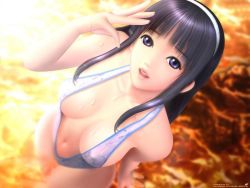 Rule 34 | 1girl, 3d, :d, beach, bikini, black hair, blue eyes, blunt bangs, breasts, cleavage, covered erect nipples, dutch angle, from above, hairband, iijima rika, large breasts, lipstick, long hair, looking up, makeup, navel, open mouth, outdoors, sexy beach, sexy beach 2, sideboob, slingshot swimsuit, smile, solo, standing, summer, sunset, swimsuit, wading, wallpaper, water, watermark, wet