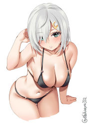 Rule 34 | 1girl, bare shoulders, bikini, black bikini, blue eyes, blush, breasts, collarbone, cropped legs, ebifurya, hair between eyes, hair over one eye, hamakaze (kancolle), hand up, hanging breasts, highres, kantai collection, large breasts, leaning forward, leaning to the side, looking at viewer, navel, o-ring, o-ring bikini, one-hour drawing challenge, parted lips, simple background, skindentation, solo, strap gap, string bikini, swimsuit, thigh gap, thighs, twitter username, white background, white hair