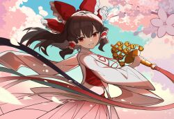 Rule 34 | 1girl, absurdres, ascot, bow, detached sleeves, devilkillerx, flower, frilled bow, frilled hair tubes, frills, gohei, hair bow, hair tubes, hakurei reimu, highres, open mouth, red bow, red skirt, ribbon-trimmed sleeves, ribbon trim, skirt, skirt set, solo, touhou, upper body, yellow ascot