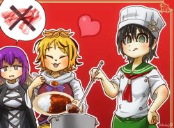 Rule 34 | 3girls, :3, anchor symbol, apron, ascot, black hair, blonde hair, border, brown hair, buttons, chamaji, chef hat, chef, commentary request, crossed out, curry, curry rice, dress, closed eyes, food, gradient hair, green eyes, hair between eyes, hand on own hip, hat, heart, hijiri byakuren, ladle, layered dress, long hair, long sleeves, meat, multicolored hair, multiple girls, murasa minamitsu, neck ribbon, open mouth, plate, pot, purple hair, ribbon, rice, sailor collar, short hair, short sleeves, simple background, speech bubble, spoon, tongue, tongue out, toramaru shou, touhou, twitter username