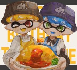 Rule 34 | 2boys, :d, apron, black border, black headwear, blonde hair, blue apron, blue hair, border, food, green eyes, happy birthday, hat, holding, holding plate, hwtr 06, inkling, inkling boy, inkling player character, ketchup, letterboxed, looking at viewer, male focus, multiple boys, nintendo, omelet, omurice, one eye closed, open mouth, outside border, plate, pointy ears, purple headwear, red eyes, short hair, simple background, smile, splatoon (series), teeth, tentacle hair, upper body, upper teeth only, white background, yellow apron