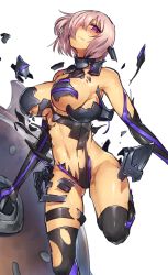 Rule 34 | 1girl, armor, bare shoulders, black gloves, black thighhighs, blush, breasts, broken armor, elbow gloves, exploding clothes, fate/grand order, fate (series), female focus, gloves, hair over one eye, highres, large breasts, leotard, looking at viewer, mash kyrielight, melon22, navel, no bra, pink hair, purple eyes, shield, short hair, solo, thighhighs, thighs, torn clothes, torn leotard, torn thighhighs, underboob