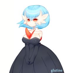 Rule 34 | 1girl, :&lt;, alternate color, artist name, bare shoulders, black dress, black gloves, blue hair, blush, bob cut, breasts, cleavage, closed mouth, collarbone, colored skin, creatures (company), dress, elbow gloves, female focus, galutine, game freak, gardevoir, gen 3 pokemon, gloves, highres, jpeg artifacts, large breasts, light blush, mega gardevoir, mega pokemon, nintendo, own hands together, pokemon, pokemon (creature), red eyes, shiny pokemon, shiny skin, short hair, simple background, skindentation, solo, standing, strapless, strapless dress, v arms, watermark, white background, white skin