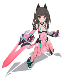 Rule 34 | 1girl, animal ears, ballistic coat, bare shoulders, black hair, blush, brown eyes, cat ears, dress, energy sword, energy weapon, fighting stance, headset, highres, long hair, looking at viewer, morino donguri, no nose, nose blush, phantasy star, phantasy star online, phantasy star online 2, simple background, smile, solo, standing, sword, thighhighs, weapon, white background