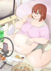 Rule 34 | 1girl, bed, big belly, blush, box, breasts, brown eyes, brown hair, cellphone, chips (food), collarbone, commentary request, eating, fat, food, foot out of frame, hair between eyes, hair ornament, hairclip, highres, holding, holding food, indoors, katou (katohayabusa), looking at screen, medium breasts, medium hair, navel, on floor, open mouth, original, packet, phone, pizza, pizza box, power bank, ring light, shadow, short sleeves, sidelocks, sitting, smartphone, soda bottle, solo, table, tareme, television, thick arms, thick thighs, thighs, tissue box, wariza