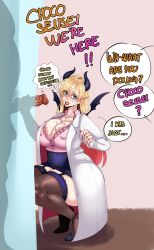 Rule 34 | 1boy, 1girl, absurdres, after fellatio, aqua eyes, areola slip, black thighhighs, blonde hair, breasts, cleavage, demon girl, demon horns, demon wings, fat, fat man, garter straps, high heels, highres, hololive, horns, huge breasts, lab coat, large areolae, large breasts, large penis, lipstick, lipstick mark, lipstick ring, long hair, makeup, penis, pointy ears, saliva, saliva trail, silhouette, skirt, squatting, stray pubic hair, sunnysundown, sweat, thighhighs, virtual youtuber, wings, yuzuki choco