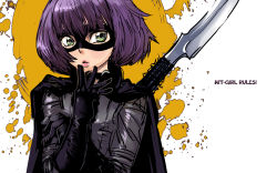 Rule 34 | 1girl, animification, butcherboy, cape, english text, gloves, green eyes, highres, hit-girl, kick-ass, marvel, mask, polearm, purple hair, simple background, solo, wallpaper, weapon, white background