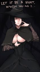 Rule 34 | 1girl, black hair, breasts, cleavage, cowboy shot, dark souls (series), dark souls i, dark souls iii, from software, hat, karla (dark souls iii), large breasts, scar, scathegrapes, solo, standing, witch, witch hat, yellow eyes