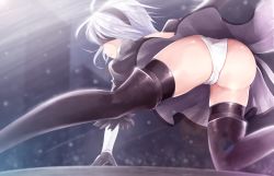 Rule 34 | 1girl, android, ass, black dress, black gloves, black hairband, black thighhighs, blindfold, boots, cameltoe, dress, from behind, gloves, hairband, high heel boots, high heels, highres, huge ass, jmc, nier (series), nier:automata, panties, shiny clothes, shiny skin, short hair, solo, squatting, thigh boots, thighhighs, underwear, upskirt, white hair, white panties, 2b (nier:automata)
