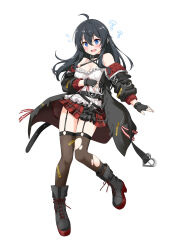 Rule 34 | 1girl, ?, @ @, absurdres, ahoge, arm under breasts, bare shoulders, black footwear, black gloves, black hair, black jacket, black thighhighs, blue eyes, blush, boots, breasts, cleavage, cosplay, cross-laced footwear, fang, felutiahime, female focus, fingerless gloves, flying sweatdrops, frilled shirt, frills, full body, garter straps, gloves, hair between eyes, highres, hololive, jacket, lace-up boots, long hair, looking ahead, miniskirt, o-ring, off shoulder, open clothes, open jacket, open mouth, original, plaid, plaid skirt, pleated skirt, quilted jacket, raised eyebrows, red skirt, sakamata chloe, sakamata chloe (1st costume), sakamata chloe (cosplay), shirt, sidelocks, simple background, skirt, sleeveless, sleeveless shirt, small breasts, solo, sweatdrop, thighhighs, thighs, torn clothes, torn thighhighs, virtual youtuber, white background, white shirt, zettai ryouiki