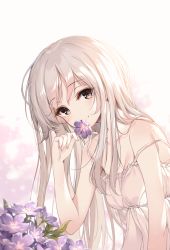 Rule 34 | 1girl, blush, breasts, brown eyes, cleavage, collarbone, commentary, dress, flower, gradient background, grey background, holding, holding flower, leaf, leaning forward, long hair, original, purple flower, silver hair, sleeveless, sleeveless dress, small breasts, solo, strap slip, sundress, symbol-only commentary, white dress, yaya (yayaa 00)