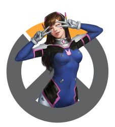 Rule 34 | 1girl, ;), bodysuit, brown eyes, brown hair, covered navel, d.va (overwatch), double v, facial mark, headphones, highres, long hair, looking at viewer, one eye closed, overwatch, overwatch 1, parted lips, pilot suit, realistic, smile, solo, swept bangs, trix (walpurgis999), upper body, v, whisker markings