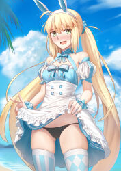 Rule 34 | 1girl, absurdres, ahoge, animal ears, argyle, argyle clothes, argyle legwear, artoria caster (fate), artoria caster (swimsuit) (fate), artoria caster (swimsuit) (second ascension) (fate), artoria pendragon (fate), bare shoulders, besmiled, black panties, blonde hair, blue dress, blue sky, blue thighhighs, blush, breasts, clothes lift, dress, dress lift, fake animal ears, fate/grand order, fate (series), green eyes, hairband, highres, long hair, looking at viewer, open mouth, panties, puffy short sleeves, puffy sleeves, rabbit ears, short sleeves, skirt, sky, small breasts, smile, solo, striped clothes, striped thighhighs, thighhighs, thighs, twintails, underwear, white skirt